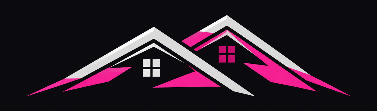 Overlapping gable rooflines drawn in hot pink on a near-black background